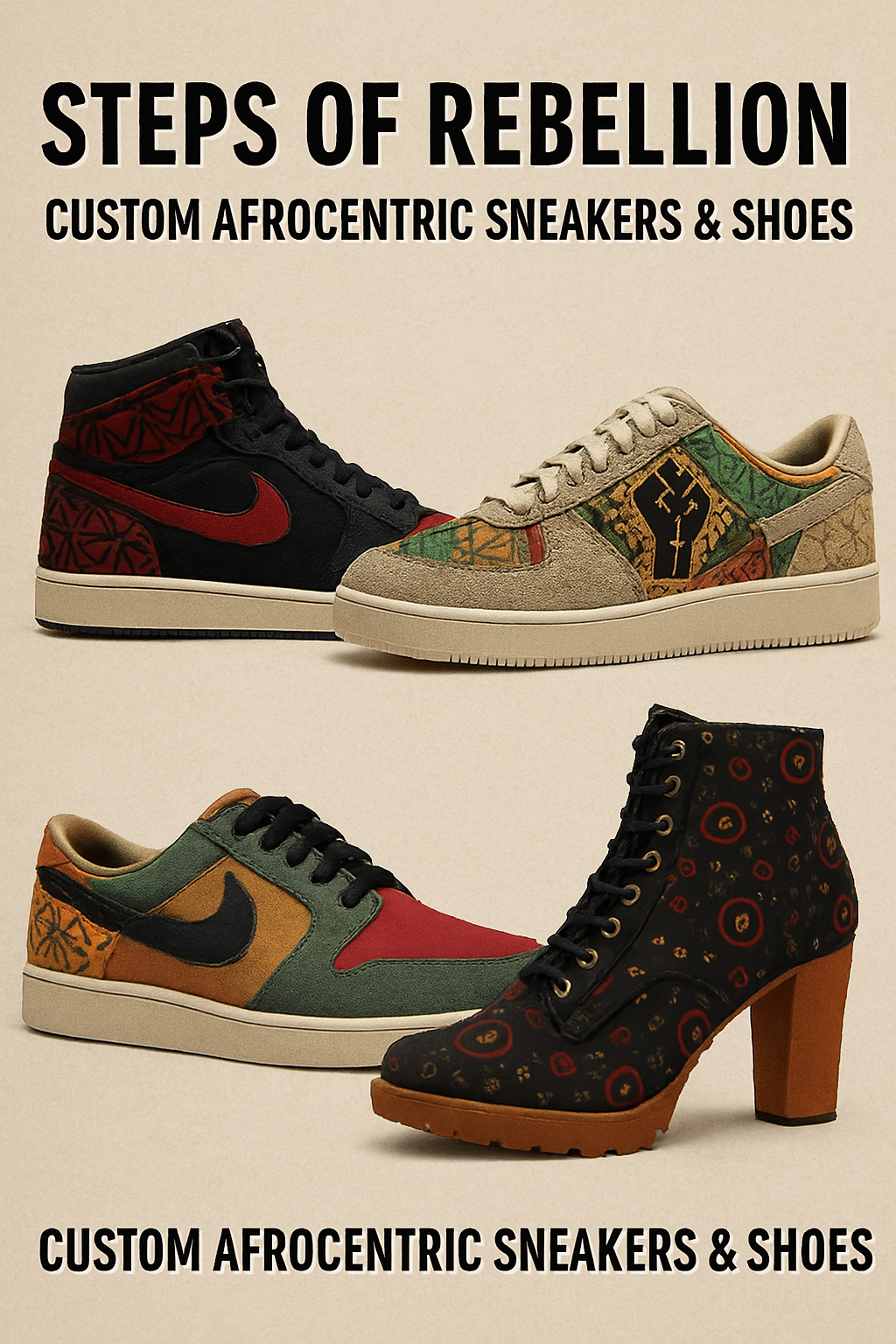 A curated collection of Afrocentric sneakers and shoes featuring vibrant prints, tribal designs, and customizable styles. Each pair blends ancestral symbolism with modern streetwear to celebrate heritage and empowerment.