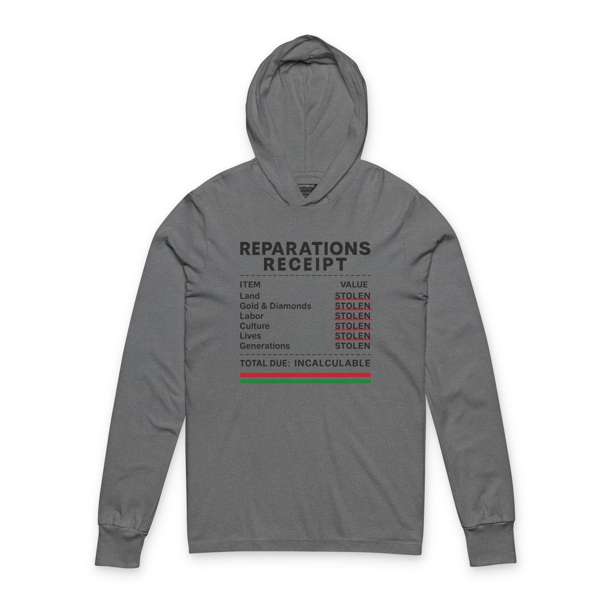 Reparations Receipt Unisex Hooded Long Sleeve Tee |Thought-Provoking Apparel