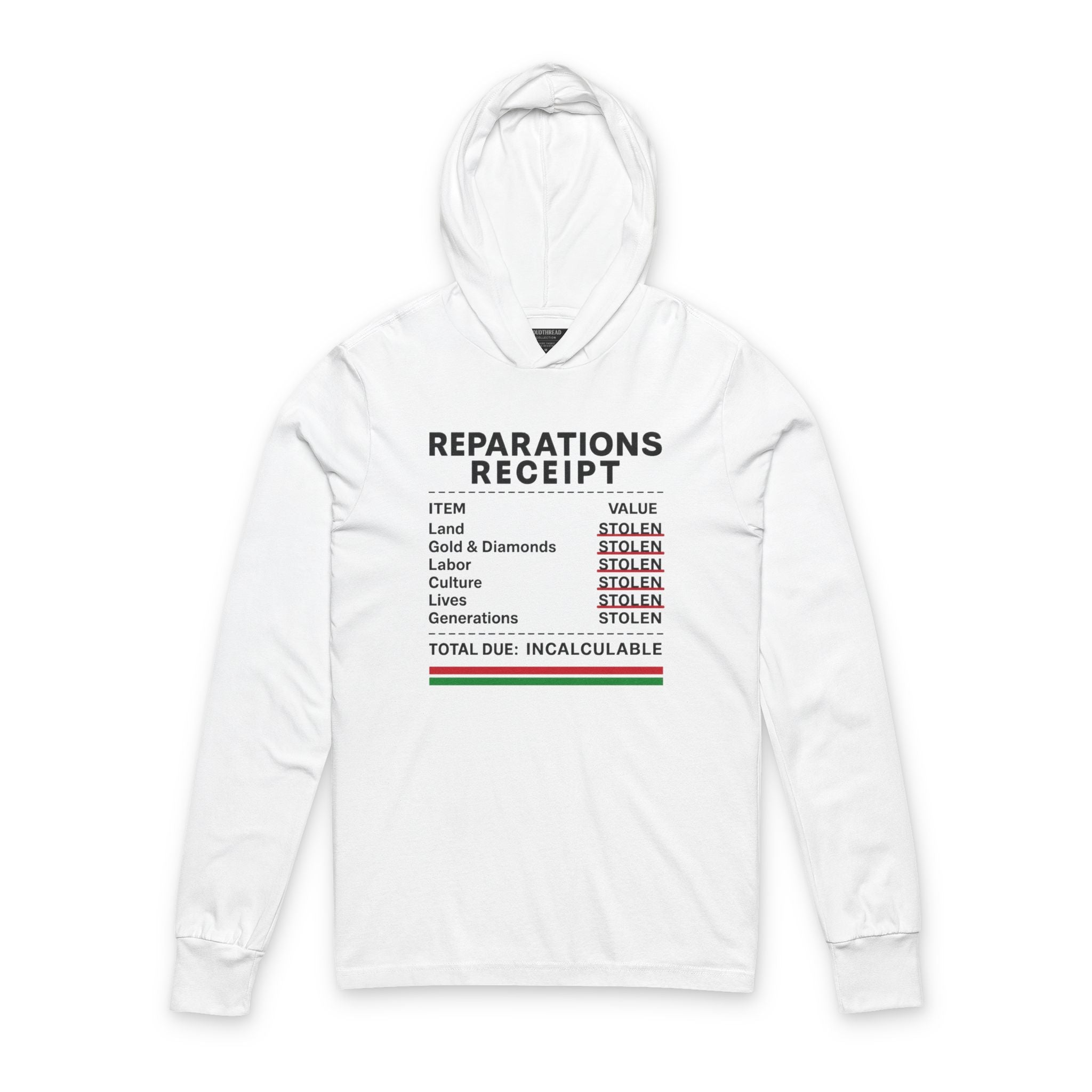 Reparations Receipt Unisex Hooded Long Sleeve Tee |Thought-Provoking Apparel